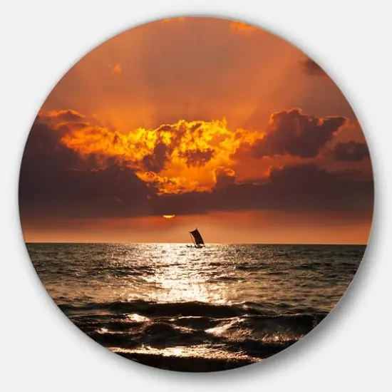 Designart - Sunset Beach with Distant Sail Boat' Seashore Oversized Metal Circle Wall Art {2}