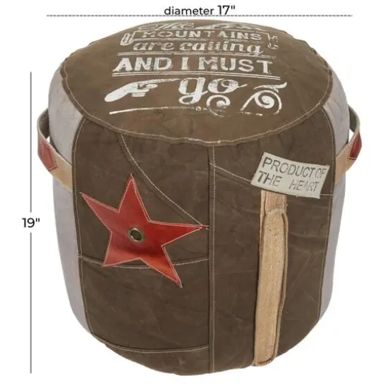 Brown Canvas and Leather Rustic Pouf, 19" x 17" x 17" {9}