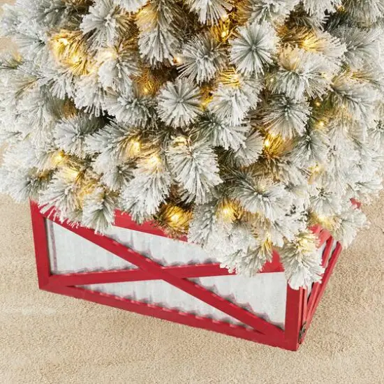 Glitzhome&reg; Silver & Red 26" Corrugated Metal & Wooden Tree Collar {6}