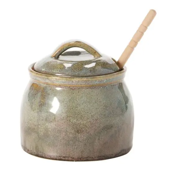 Hello Honey&reg; Green & Blue Glaze Stoneware Honey Jar with Wood Honey Dipper {3}