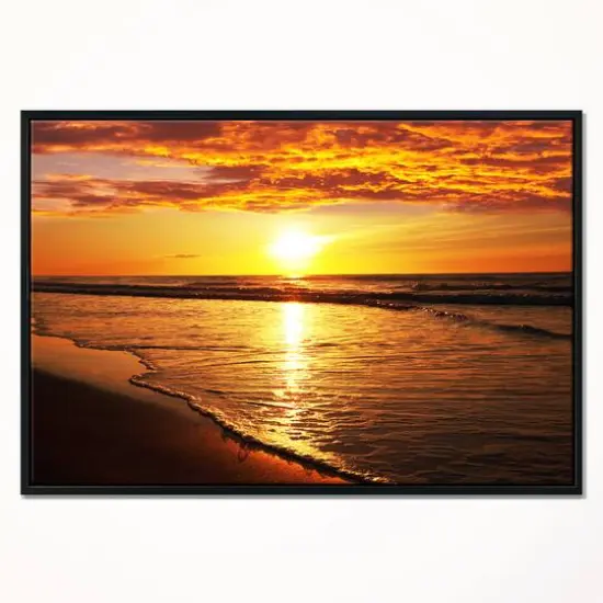 Designart - Bright Yellow Sunset over Waves - Modern Beach Canvas Art Print in Black Frame {3}