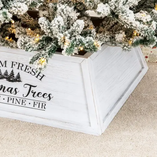 Glitzhome&reg; White 26" Farm Fresh Christmas Trees Wooden Trapezoid Tree Collar {5}
