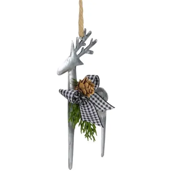 6.25" Silver Metal Reindeer Christmas Ornament with Black Gingham Bowtie & Pine {3}