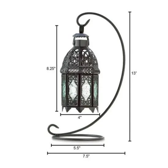 13" Curled Metal Stand with Black Moroccan Candle Lantern {4}