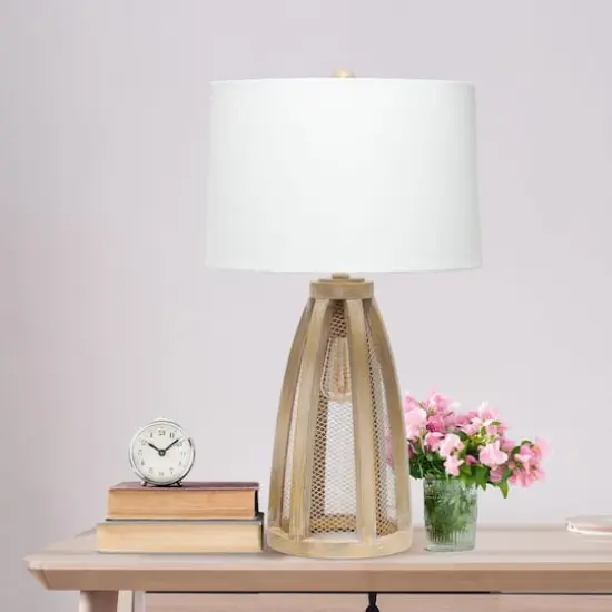 Lalia Home 29" Wooded Arch Table Lamp with White Fabric Shade Natural Wood and White {5}