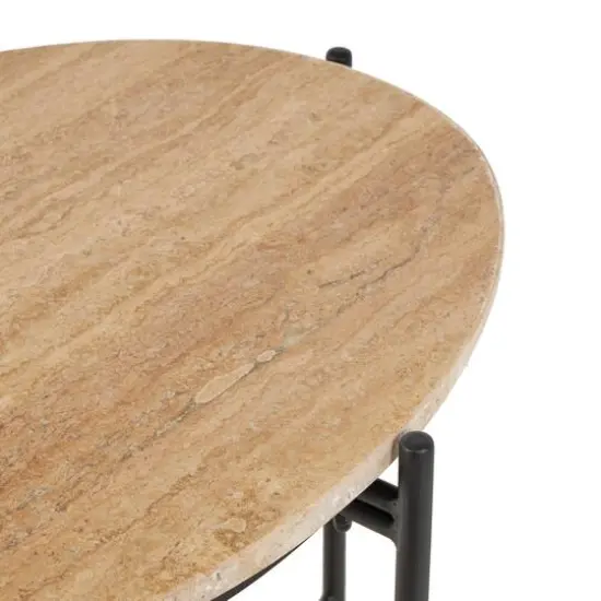 19.75" Beige Marble Accent Table with Black Metal Support {10}