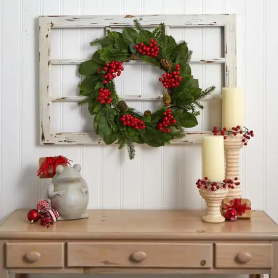 24" Magnolia Leaf, Berry & Pine Artificial Wreath {5}