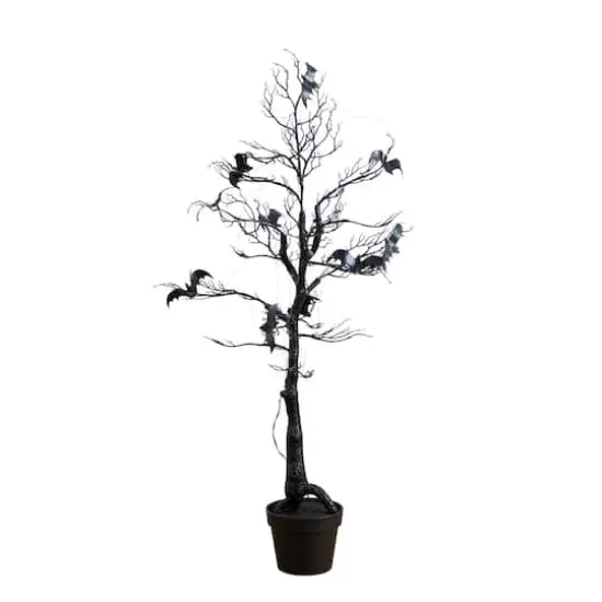 4ft. Pre-Lit Artificial Halloween Black Spooky Twig Tree with Bats and 120 Orange & Purple LED Lights {1}