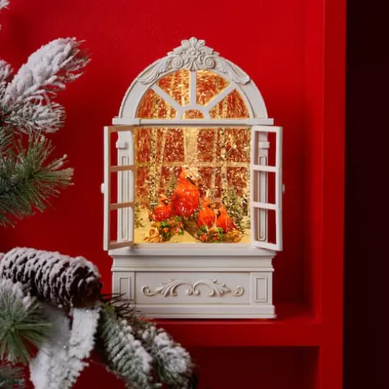 9" Cardinal Family LED Lit Snow Globe Window {3}
