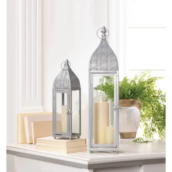24" Large Silver Metal Rectangular Moroccan Style Candle Lantern {5}
