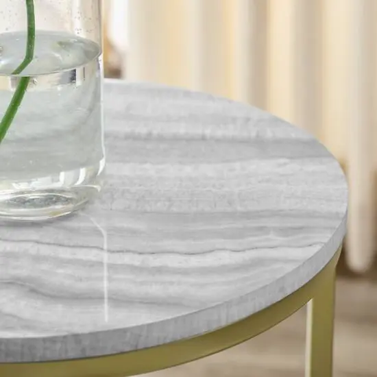 Walker Edison 16" Faux Stone Round Glam Side Table Faux Gray Marble/Gold {7}