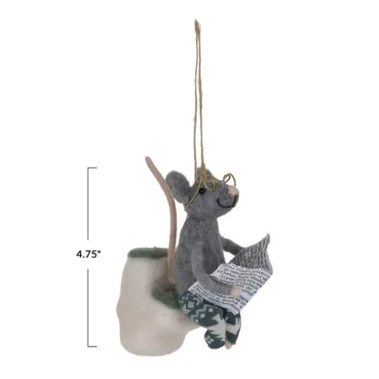 Hello Honey&reg; 4.75" Handmade Wool Felt Mouse on Toilet with Glasses & Newspaper Ornament {4}