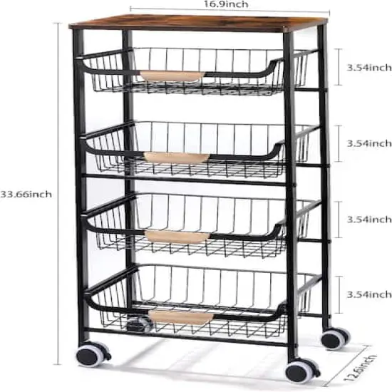 Black 5-Tier Metal Wire Basket Shelf Kitchen Storage Rolling Cart {3}
