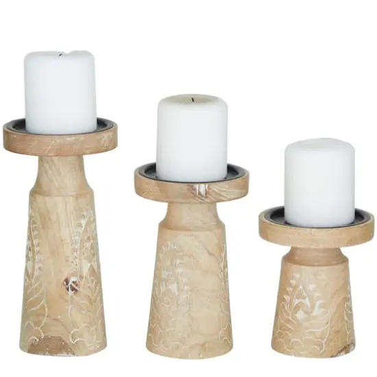 Mango Wood Round Carved Pillar Floral Candle Holder Set Light Brown {1}