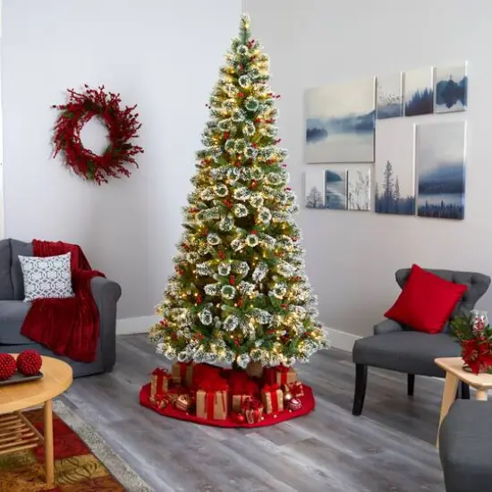 8ft. Pre-Lit Frosted Swiss Pine & Berries Artificial Christmas Tree with Clear LED Lights {7}