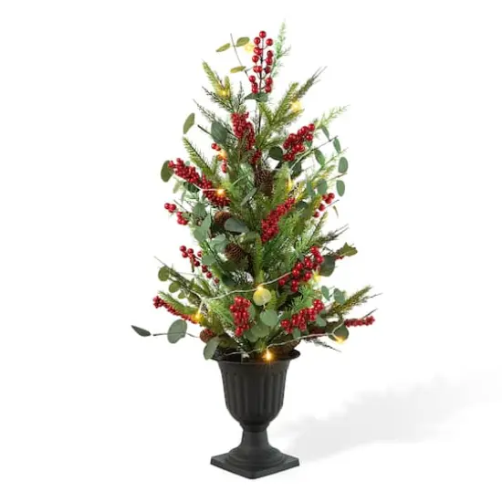 3ft. Pre-Lit Pine Needle & Eucalyptus Leaf Artificial Urn Christmas Porch Tree, Warm White LED Lights {1}