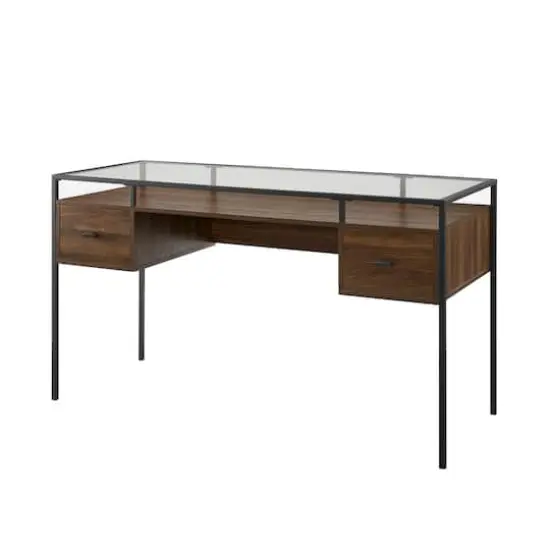 Walker Edison 56" Dark Walnut 2 Drawer Glass Top Desk {1}