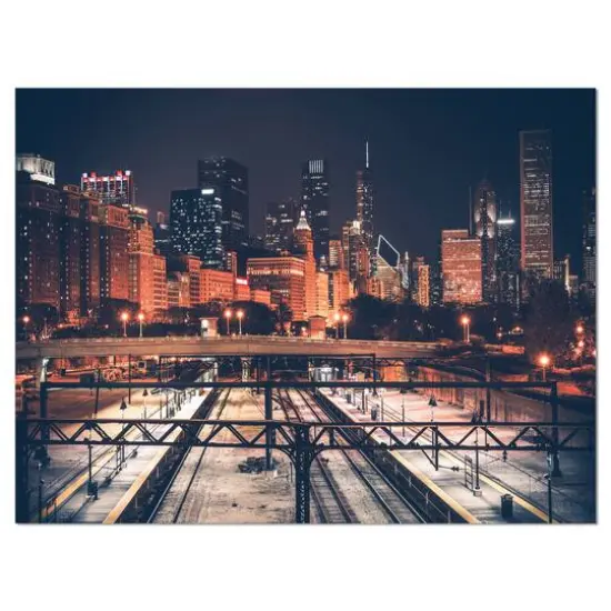 Designart - Dark Chicago Skyline and Railroad - Cityscape Canvas Print {1}
