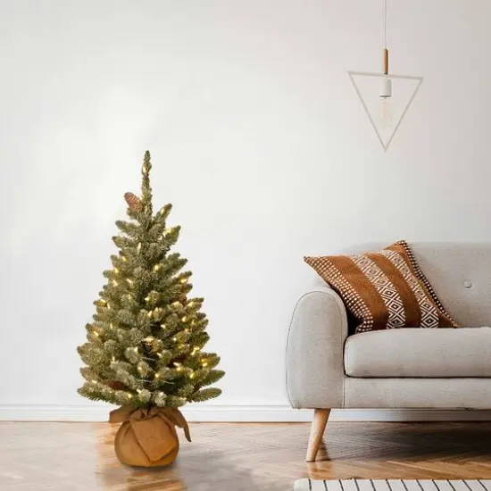 3ft. Snowy Concolor Fir with Snowy Pinecones Artificial Christmas Tree In Burlap Base, Warm White LED Lights {3}