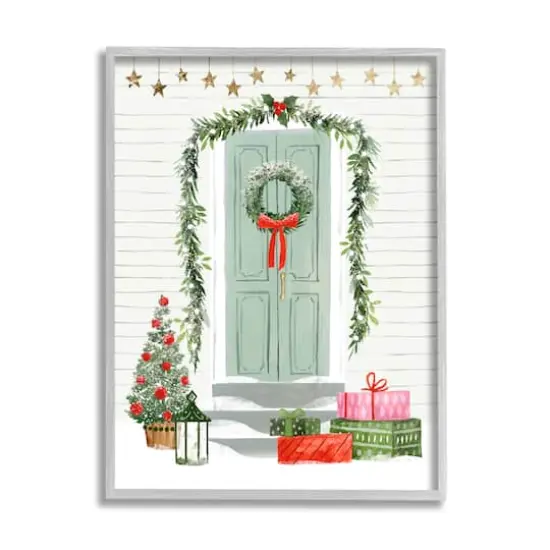 Stupell Industries Christmas Presents Wreath Doorstep Framed Giclee Art Gray {1}