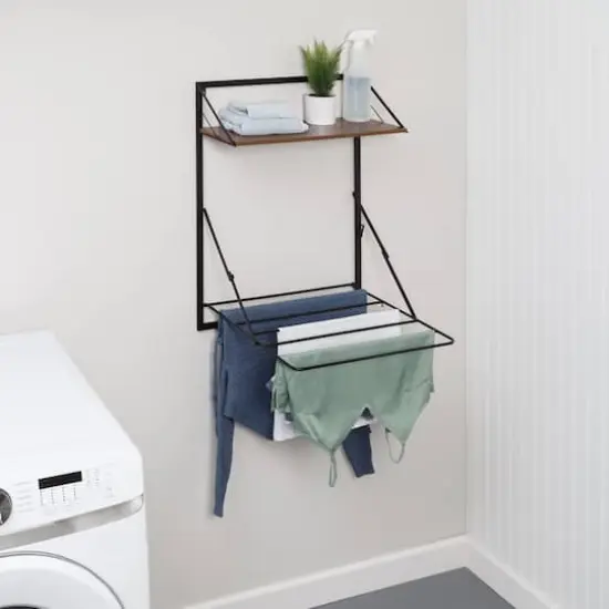 Honey Can Do 31" Black & Walnut Collapsible Wall-Mounted Clothes Drying Rack with Shelf {4}