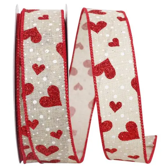JAM Paper 1.5" x 20yd. Wired Faux Linen Heart Glitter & Dots Ribbon {1}