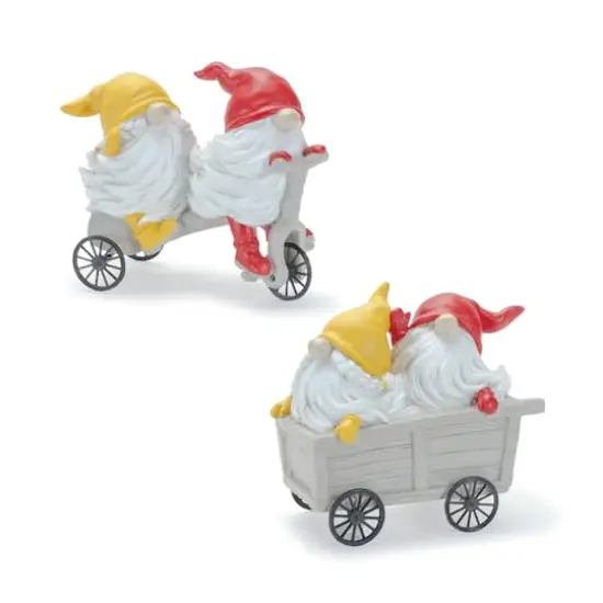 Whimsical Garden Gnomes Riding a Scooter & Wheelbarrow Figurines Set {5}