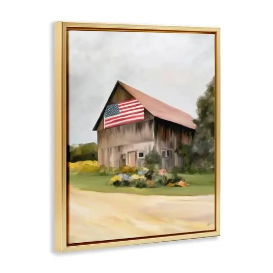 Stupell Industries Rural Americana Home Countryside Farm Flag Painting Floater Framed Art Gold {4}