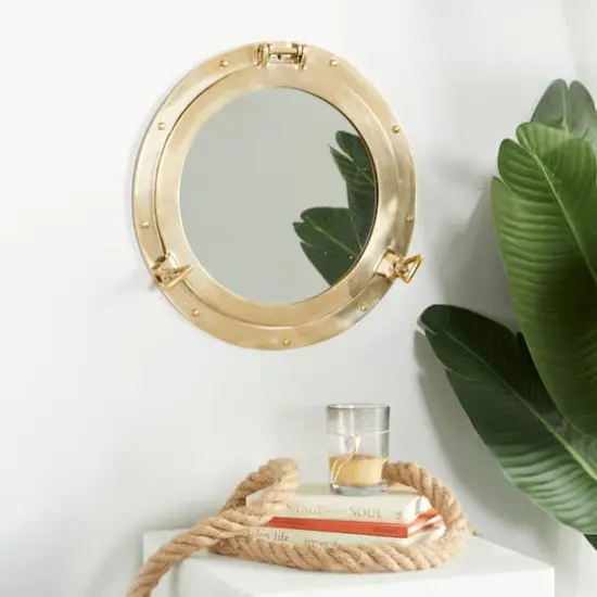 Gold Brass Sail Boat Wall Mirror with Port Hole Detailing 15" x 3" x 15" {8}