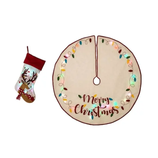 Glitzhome&reg; LED Embroidered Linen Christmas Stocking & Tree Skirt Set {1}