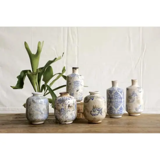 Hello Honey® Blue & White Heavy Distressing Decorative Terracotta Vases Set {1}