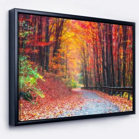 Designart - Road in Beautiful Autumn Forest - Modern Forest Framed Canvas Art Gold {2}