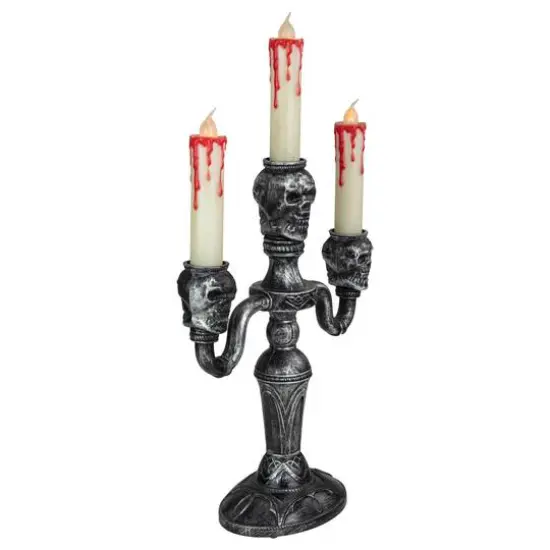 14" Antique Silver Skull Trio Halloween Candelabra D&eacute;cor {3}