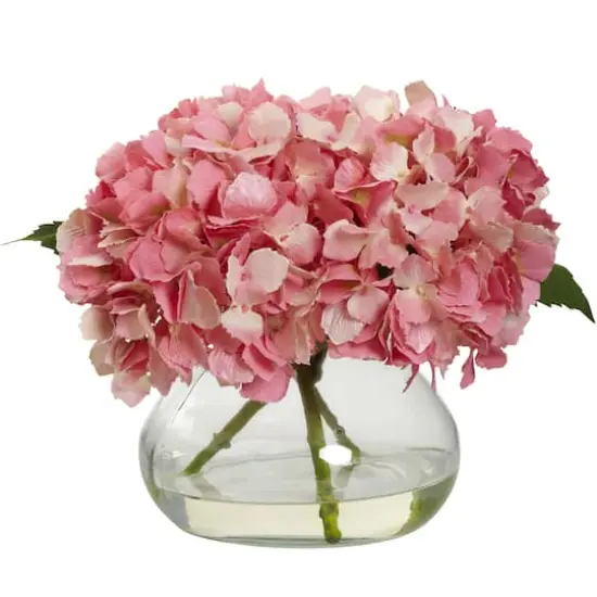 8.5" Pink Blooming Hydrangea In Glass Vase {1}