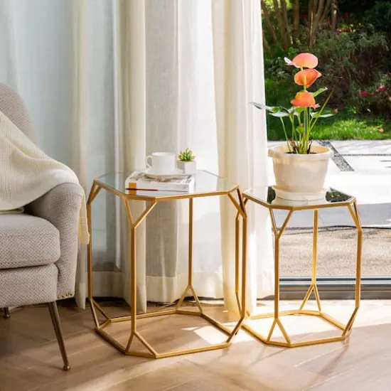 Glitzhome® Gold Metal Square Accent Table with Glass Top Set {3}