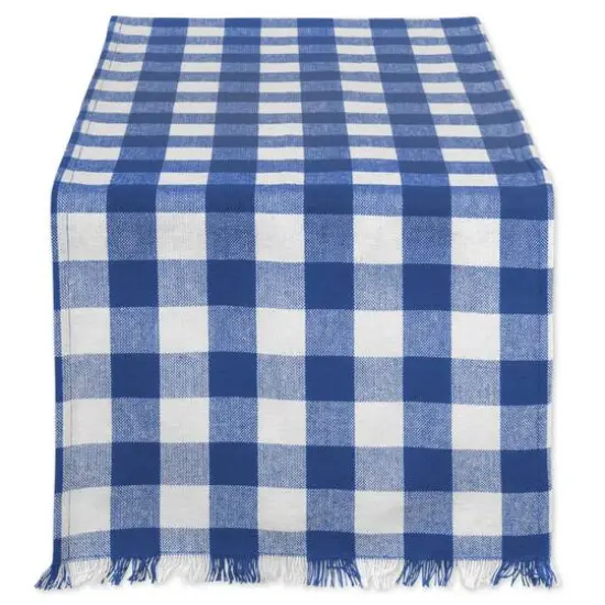 DII&reg; 108" Heavyweight Check Fringed Table Runner Navy {1}