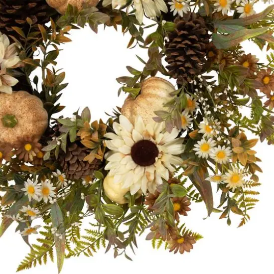 28" White Sunflowers & Pumpkins Fall Harvest Wreath {6}