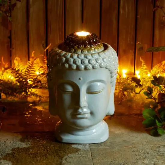 Glitzhome&reg; 18.75" Zen-Style LED Buddha Head Ceramic Outdoor Fountain {7}