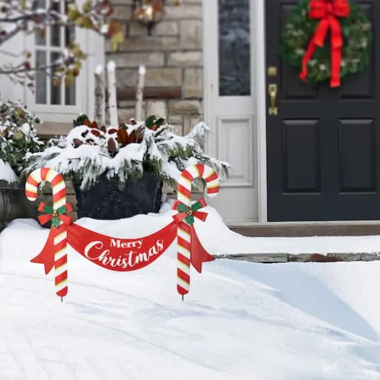 Glitzhome&reg; 3ft. Merry Christmas Candy Cane Metal Yard Stake {3}