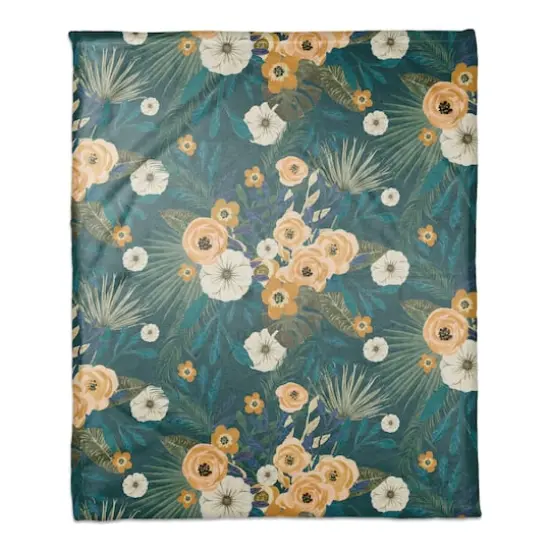 Tropical Floral Coral Fleece Blanket Teal {1}