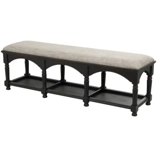 59" Black & Beige Fabric Arched Storage Bench with Traditional Turned Legs {1}