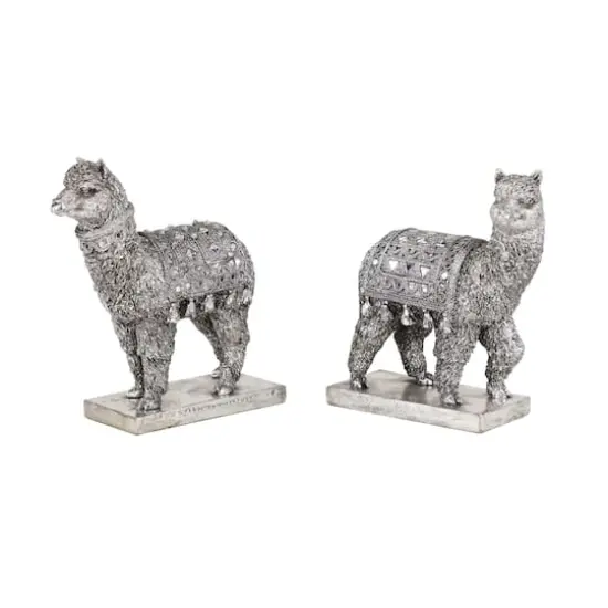 Set of 2 Silver Resin Eclectic Llama Sculpture, 10", 9" {1}