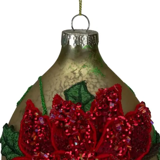 6.5" Glitter Red & Gold Poinsettia Glass Finial Christmas Ornament {3}