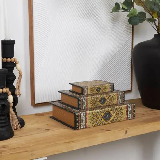 Arabesque Pattern Canvas Storage Book Box Set Green/Yellow/Red {9}