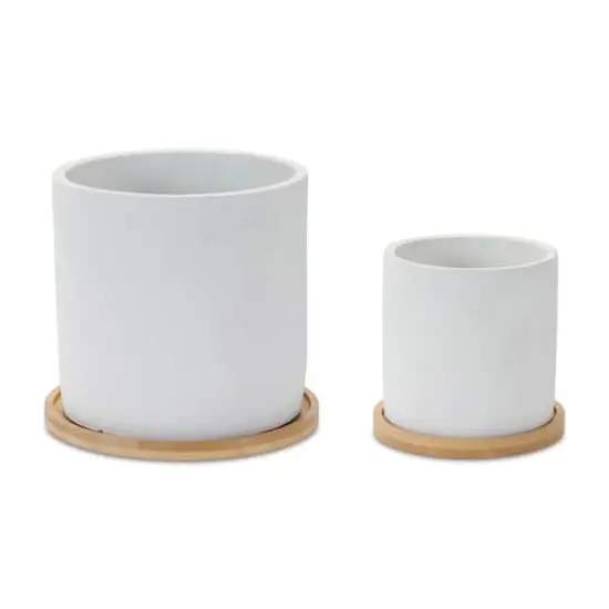 White Stone Planters with Wood Plates Set {1}