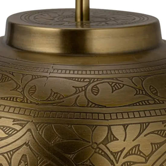 Hello Honey&reg; 20" Antique Brass Finish Round Etched Metal Table Lamp with Cotton Shade {5}