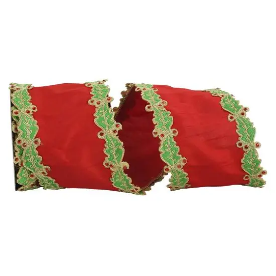 Reliant 4" x 5yd. Holly Leaf Jewel Embroidered Dupioni Wired Ribbon {1}
