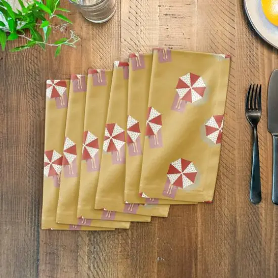 Umbrella Print Cotton Twill Napkin Yellow White and Red {4}