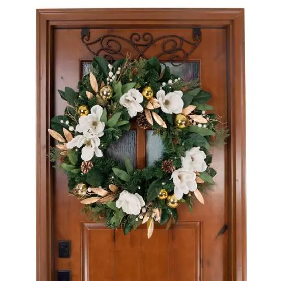 30" Pre-Lit White & Gold Magnolia Christmas Wreath {5}