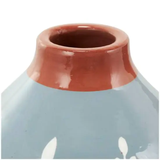 9" Blue Ceramic Floral Vase with Terracotta & White Detailing Set {8}